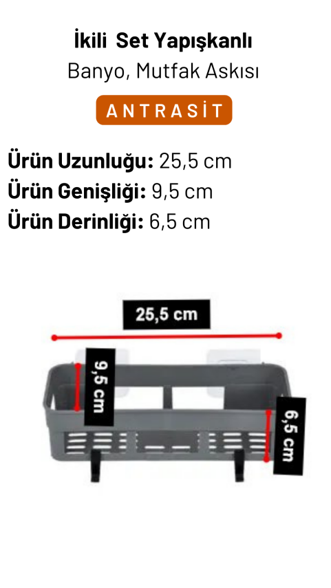 İkili Yapışkan Mutfak Banyo Organizeri Seti, Antrasit - 2