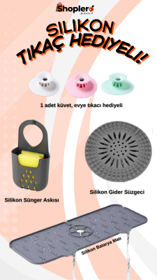 Üçlü Antrasit Silikon Mutfak Seti, Lavabo Matı, Süzgeç, Sünger Askılık - Shoplero