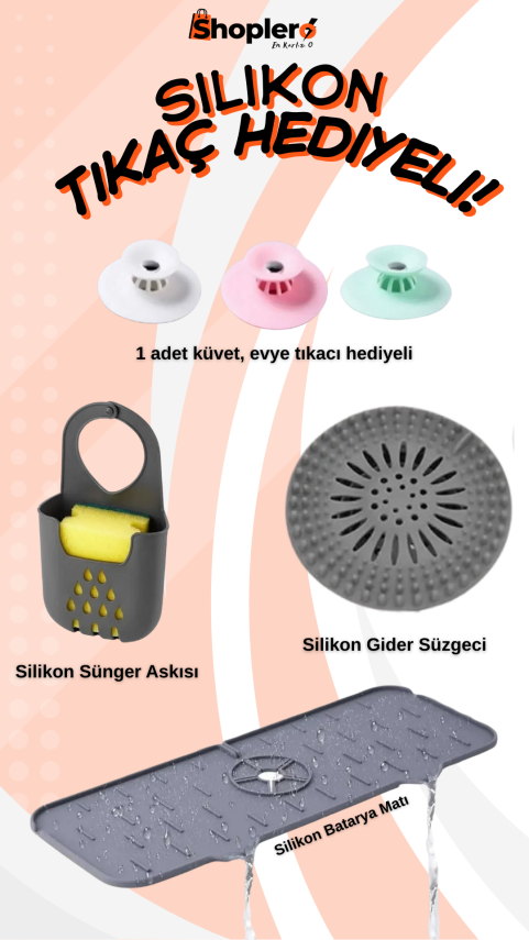 Üçlü Antrasit Silikon Mutfak Seti, Lavabo Matı, Süzgeç, Sünger Askılık - 1